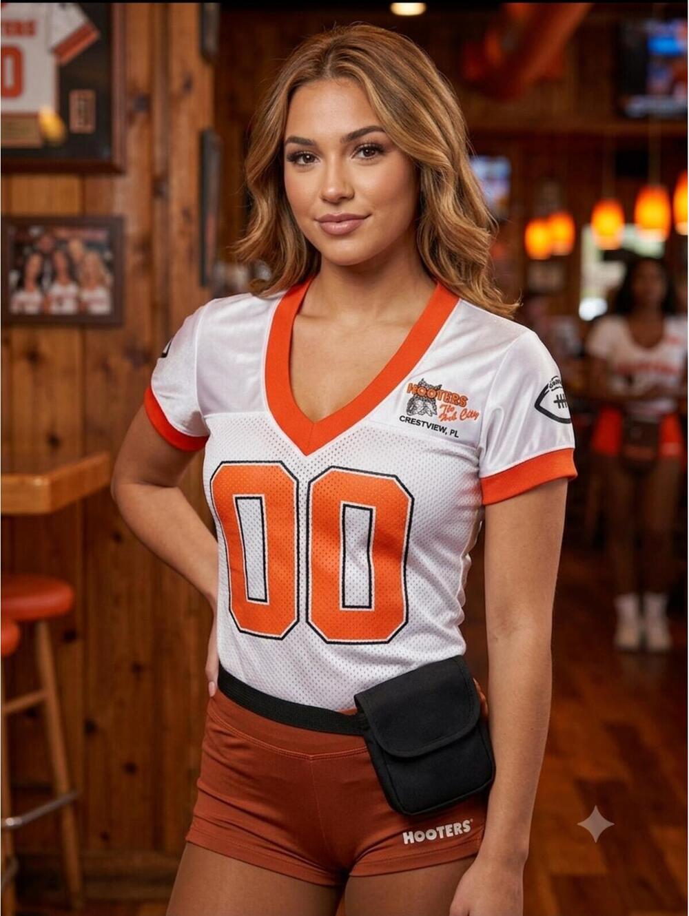 Hooters Crestview FL White and Orange Jersey Top Size Small